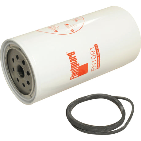 A cylindrical white Sparex Fuel Separator - Spin On (model FS1091), with red branding and a black rubber gasket placed beside it. Perfect for maintaining your John Deere equipment in top condition.