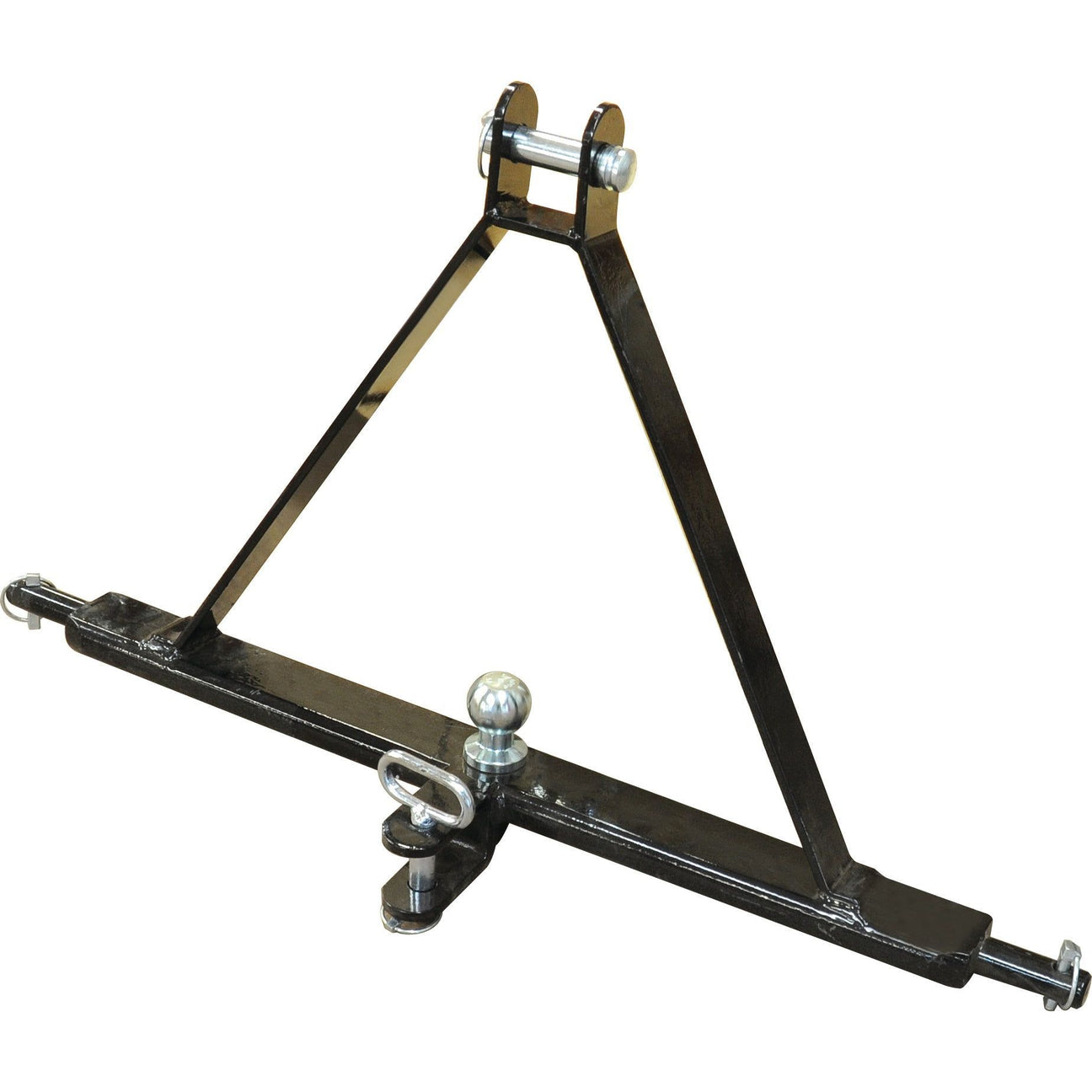 The Sparex Drawbar Hitch System (Cat. 1), featuring a sturdy black metal triangular frame, offers a central mounting ball, multiple fastening components, and an included linch pin for secure connections. With nine holes and a length of 775mm, it is perfect for off-road use. (Sparex Part No. S.119468)