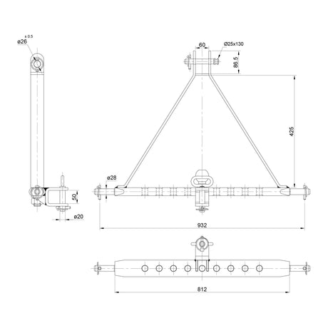 Technical drawing of the Drawbar Hitch System (Cat. 2) manufactured by Sparex for off-road use, illustrating front, side, and top views with detailed measurements including Pin Diameter and featuring 9 holes in a structure spanning 932mm (Sparex Part No. S.119469).