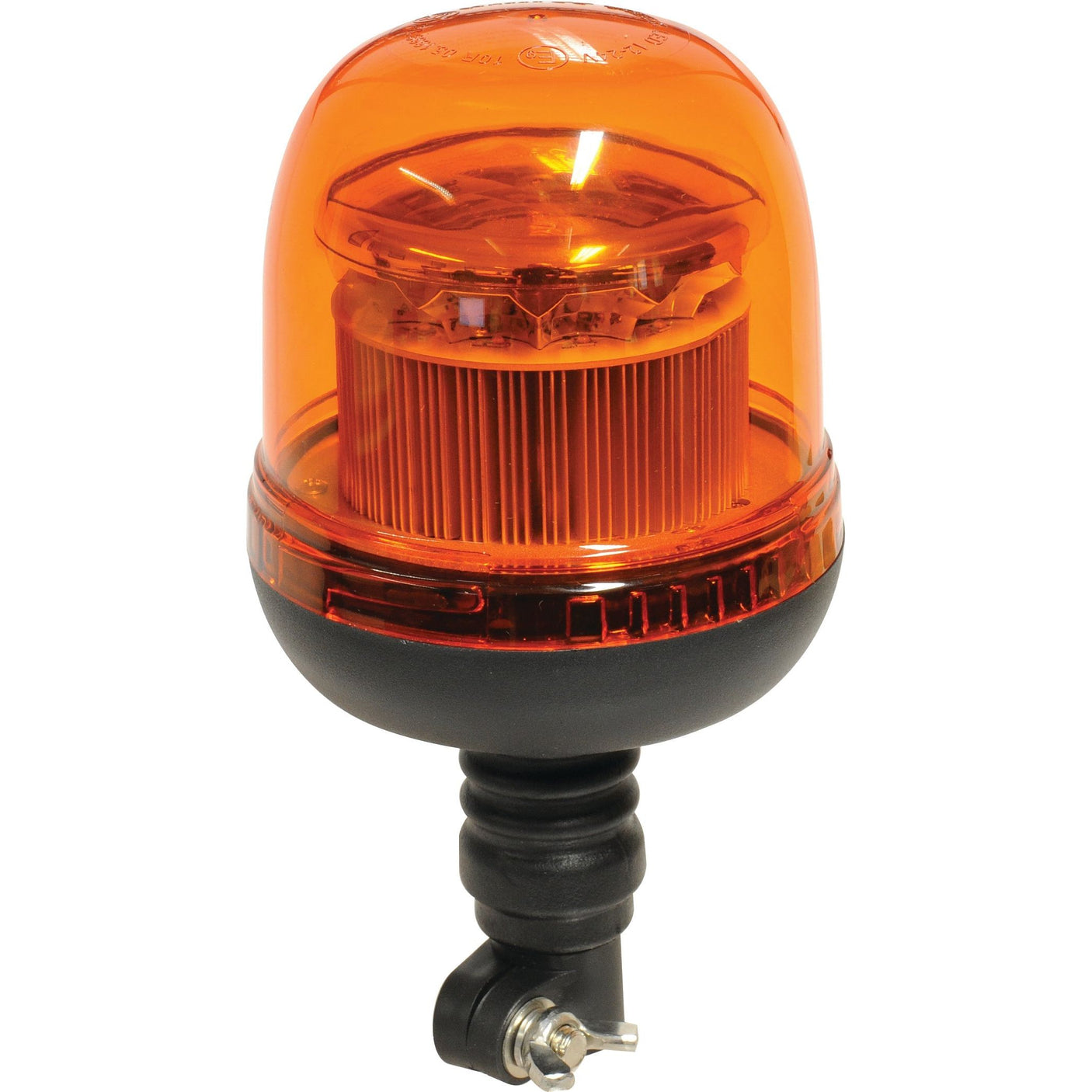 The LED Rotating Beacon (Amber) by Sparex features a flexible pin, an IP65 rating for durability and reliability, and is designed for use with John Deere machinery. This Class 3 interference light operates on 12-24V and comes with a black mounting base and a single bolt for easy installation. Product code: S.119483.