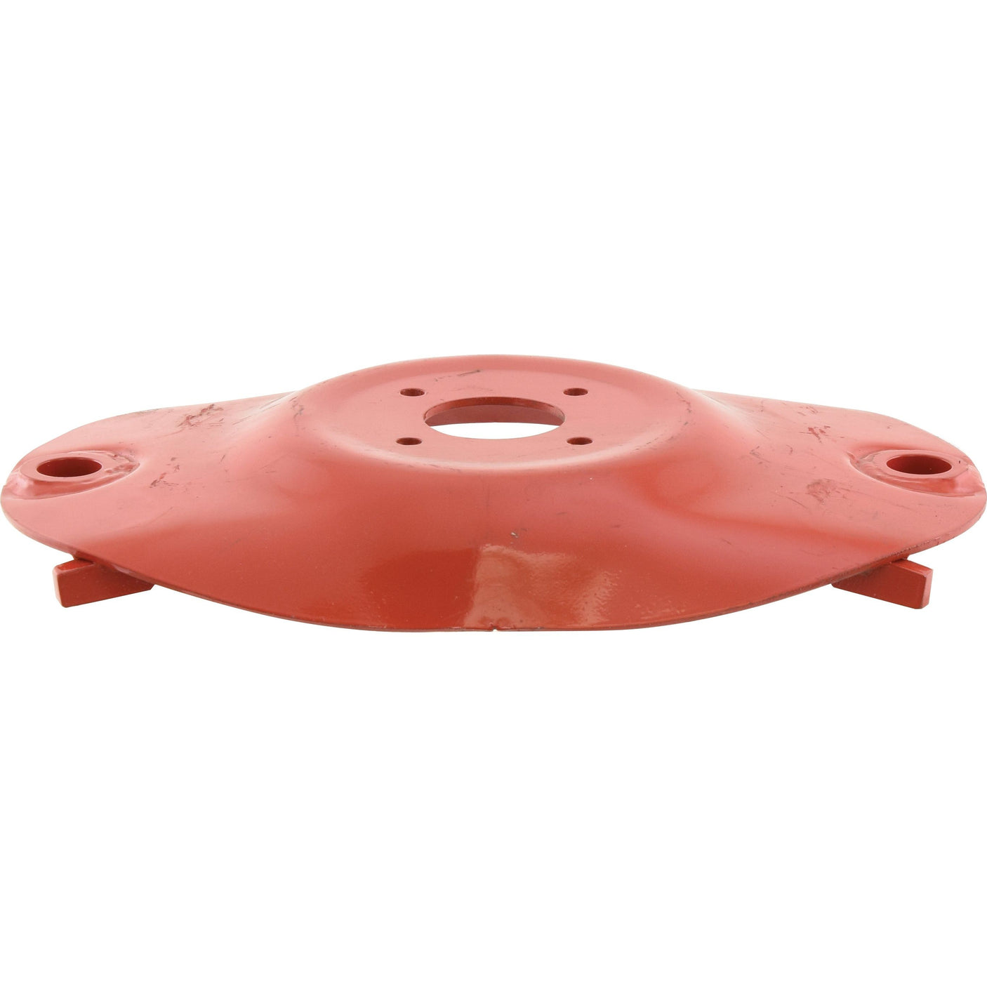 A red, oval-shaped metal part with a central hole and two side holes, resembling the Sparex Mower cutting disc (420mm length, 55mm depth, hole centers at 70mm and 363mm), designed as a replacement for Pottinger models (397601502 | Sparex Part No. S.119633), sits against a white background.