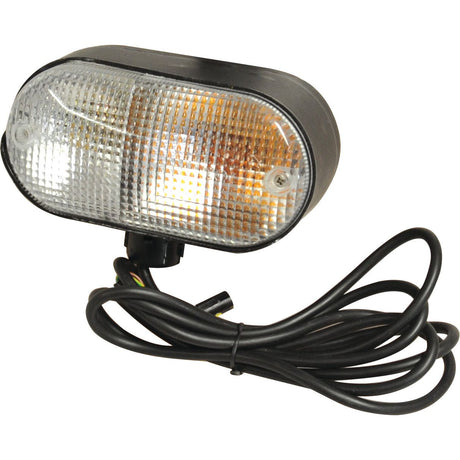 The Sparex Halogen Side Light - Front, 12V (S.119746) features an oval-shaped polycarbonate lens with a black casing, attached to a black cord.