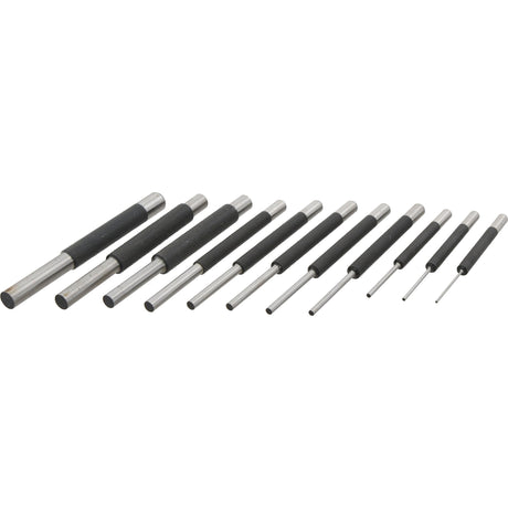 A set of eleven Sparex PAK-Roll Pin Punch tools, precisely aligned and graduated in size, featuring a mix of black and silver handles, laid out in a row on a white background.