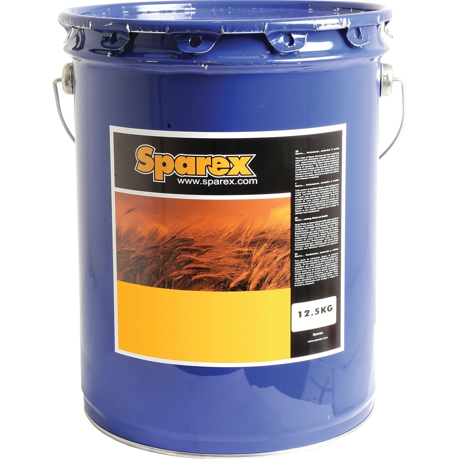 A container labeled "GREASE ROPEQUAL 00" from Sparex, with a brand name prominently displayed and holding a capacity of 3.0 kilograms. The label features an image of a wheat field and emphasizes its solvent-free, biodegradable wire rope lubricant properties. For more information, visit www.sparex.com.