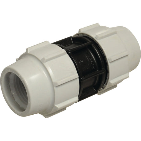 The Sparex Coupling - 50mm (Sparex Part No.S.119854) is a plastic compression pipe fitting designed for securely joining two sections of hose, featuring distinct white and black components.