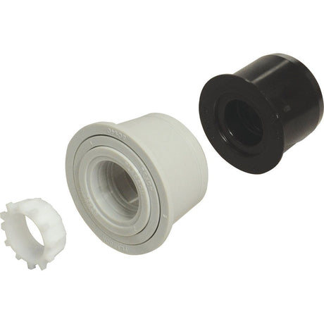 The Sparex Reducing Set - 50mm x 25mm (Sparex Part No.S.119871) features a three-component PVC drain coupler assembly, including a white gear-like washer, a grey cylindrical part, and a black cylindrical part, all arranged separately. This set ensures durability and ease of installation, comparable to the Plasson Reducing Set 50mm x 25mm in pipe fittings.