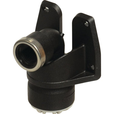 A black industrial valve with two mounting brackets and a threaded metal connection, showcasing the durability and reliability of the Sparex Wall Plate Elbow x (Sparex Part No. S.119878).