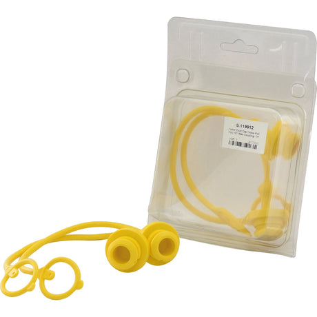 Sparex TF Series Faster Dust Cap Yellow PVC Fits 1/2'' Male Coupling (TF12G - Agripak 2 pcs.) beside a clear plastic package.