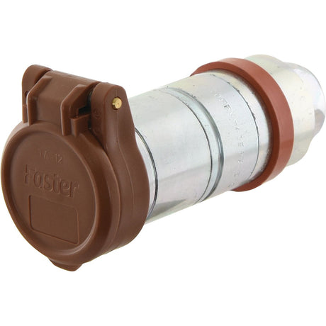 Close-up of a metal hydraulic coupler with a Sparex Faster Dust Cap 1/2'' Brown Fits Female Coupling - TA Series TA12M protective cap labeled "S.119925".