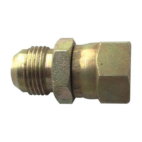 Close-up of the Sparex Hydraulic Adaptor 3/4'' JIC Male x 9/16'' JIC Swivel Female, featuring threaded sections and hexagonal nuts on each end, used for joining pipes or tubes. (Part No. S.12000)