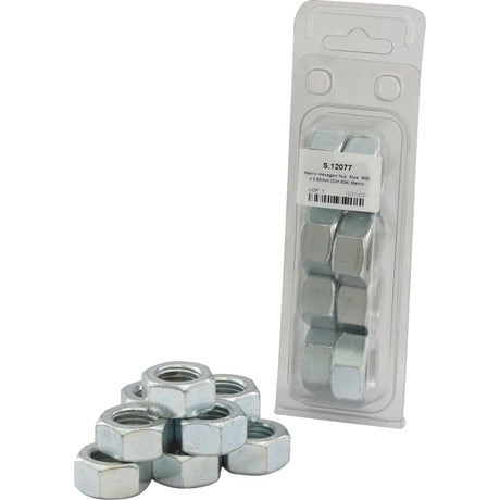 A package labeled "Sparex Metric Hexagon Nut, M20x2.50mm (DIN 934) Metric Coarse | Sparex Part No.S.12077" contains eight hexagon nuts, with ten additional zinc-plated hex nuts scattered below.