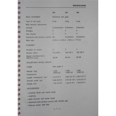 Page from AGCO's Massey Ferguson Operators Manual (1646269M1), featuring detailed specifications for models 120 and 128, including bale chamber, plunger, wheel height, accessories, and various measurements for the 120 Baler.