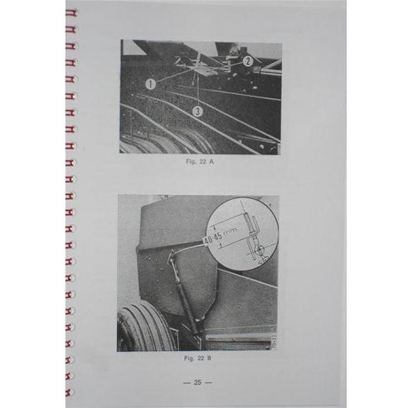 A manual page from the AGCO Massey Ferguson - 120/124/128 Baler Operators Manual -1646269M1 features Fig. 22 A, with numbered parts of the 120 Baler, and Fig. 22 B, showing close-up details with measurements. Page number 25 is at the bottom.
