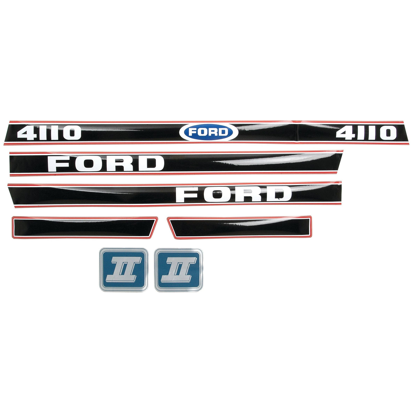 The Sparex Decal Set for Ford / New Holland 4110 Force II (Part No. S.12105) features black and red decals with white text and blue "II" emblems, including multiple strip decals and model-specific badges.