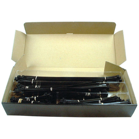 An open cardboard box contains several bundled Sparex Cable Ties, showcasing a collection of sturdy non-releasable Black Cable Ties (120-540mm x 4.7-13.1mm), ideal for various securing needs.