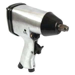 Behold the Sparex Air Impact Wrench - 1/2'' - S.12272: a sleek metallic tool with a black nose, equipped with an oil inlet labeled "OIL" and a trigger handle. This high-performance pneumatic wrench delivers impressive Max Torque for efficient operation.