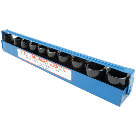 A blue metal holder containing 11 black Sparex chrome vanadium sockets of various metric sizes, arranged in a row, from the SOCKET SET-METRIC S.12272 (Sparex Part No. S.12273).