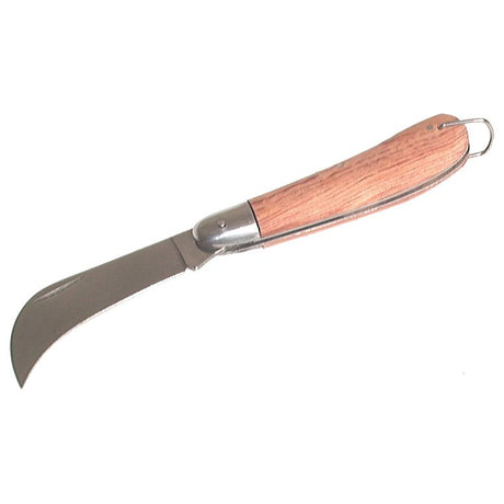 The PENKNIFE-WOOD HANDLE - S.12295 by Sparex is a folding pruning knife with an arched stainless steel blade and a wooden handle, featuring a metal loop at the end to ensure durability and precision with its exact blade length.