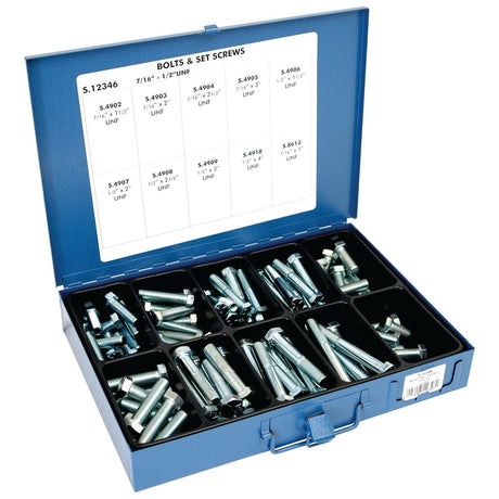 A blue metal case from Sparex (Sparex Part No. S.12346) contains a variety of bolts and setscrews, including Imperial bolts with a tensile strength of 8.8 and sizes ranging from 7/16 - 1/2'' x 1 - 4'' UNF (DIN | Standard No. DIN 931/933), all organized in labeled compartments. A reference chart on the inside of the lid displays sizes and specifications.