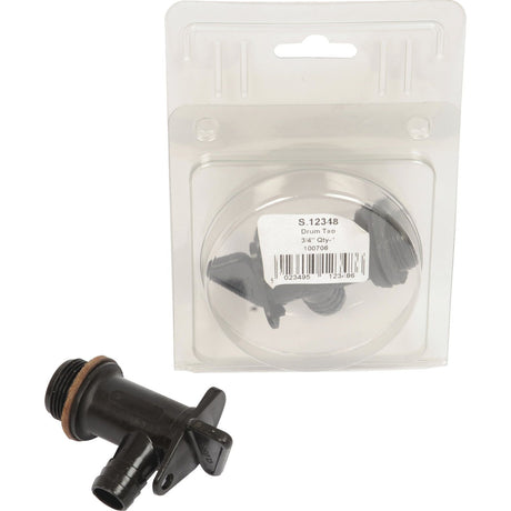 Black plastic drum tap with a threaded spout, rubber gasket, and handle, alongside its packaging. The label on the package reads "Drum Tap 3/4'' BSP - Plastic (Agripak 1 pc.) | Sparex Part No.S.12348 - Grey.