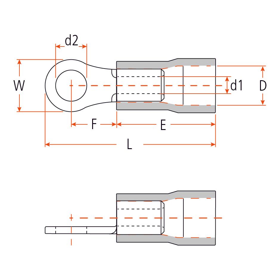 Technical drawing of a Pre Insulated Ring Terminal, Standard Grip, 5.3mm, Red (0.5 - 1.5mm) labeled with dimensions d1, d2, D, E, F, L and W. The terminal features a two-part assembly with a cylindrical section and a looped end designed for 600V systems at 19 Amps. Product from Sparex (Agripak 25 pcs.) - S.12403.
