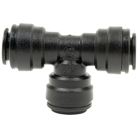 The Sparex TEE CONNECTOR 10MM - S.12602 is a black plastic T-fitting with three smooth, circular ends designed for connecting pipes, commonly used in plumbing or irrigation systems. It is suitable for a pressure range of 0-150 psi.