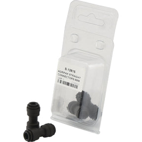 A package of Sparex AGRIPAK STRAIGHT CONNECTORS 6MM - S.12615, containing multiple black connectors, with one connector displayed outside the clear plastic box. Each connector operates within a temperature range of -25°C to 75°C and supports a pressure range of 0-10 bar.