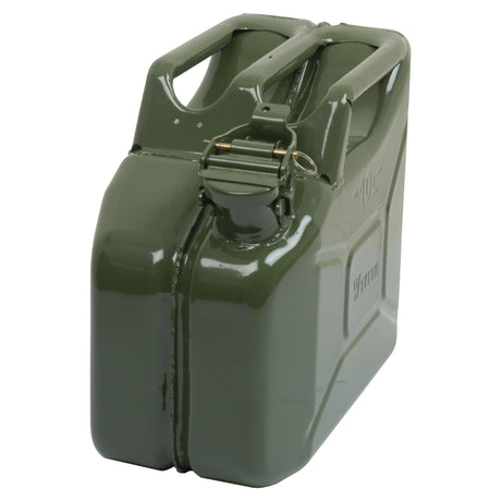 The Sparex Metal Jerry Can - Green 10 ltr(s) (Unleaded Petrol) | Part No.S.12691 is an olive green metal jerry can with a secure latch and handle, designed for storing and transporting up to 10 litres of unleaded petrol.