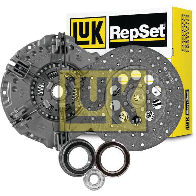 A Sparex Clutch Kit with Bearings (S.127051) displayed with a pressure plate, an organic disc, and several transmission bearings, all set against the product's packaging box.