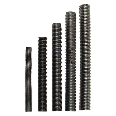 Five Imperial Threaded Bars, each featuring UNF threads and measuring Ø1/4'' in diameter with a length of 3 ft, stand upright in a row, from shortest to tallest, against a plain white background. These black-threaded rods exhibit impressive tensile strength suitable for various imperial measurement applications. These rods are Sparex Part No.S.1270 from the renowned brand Sparex.