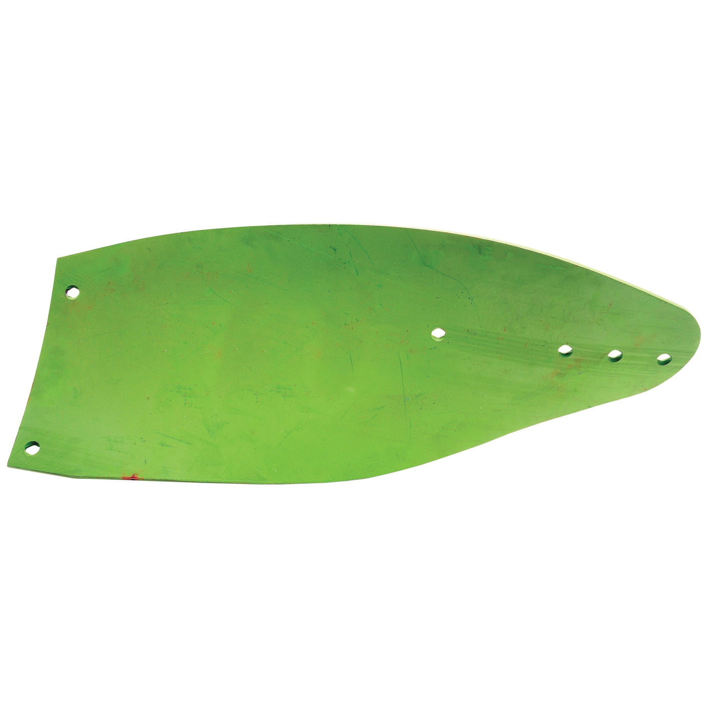 A green metallic blade with a curved shape and five evenly spaced holes along one edge, designed for precision as seen in the Sparex Mouldboard - LH, fitting part number 1540099 (Sparex Part No.S.127460).