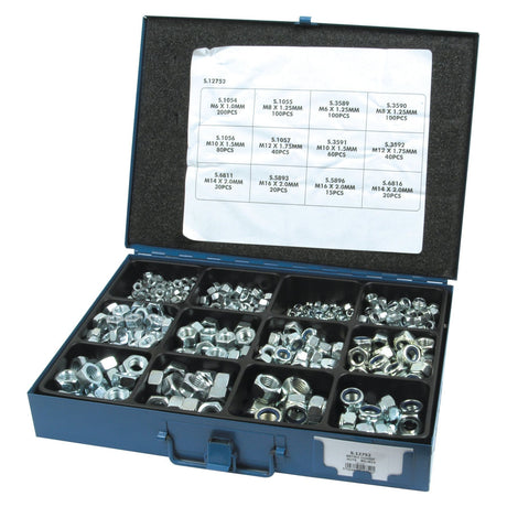 A blue metal toolbox with multiple compartments containing various sizes of nuts and bolts, including Sparex Metric Self Locking Nuts (M6 - 16x1.00 - 2.00mm, DIN 934/985). A white paper inside the lid lists the specifications and quantities of the contents.