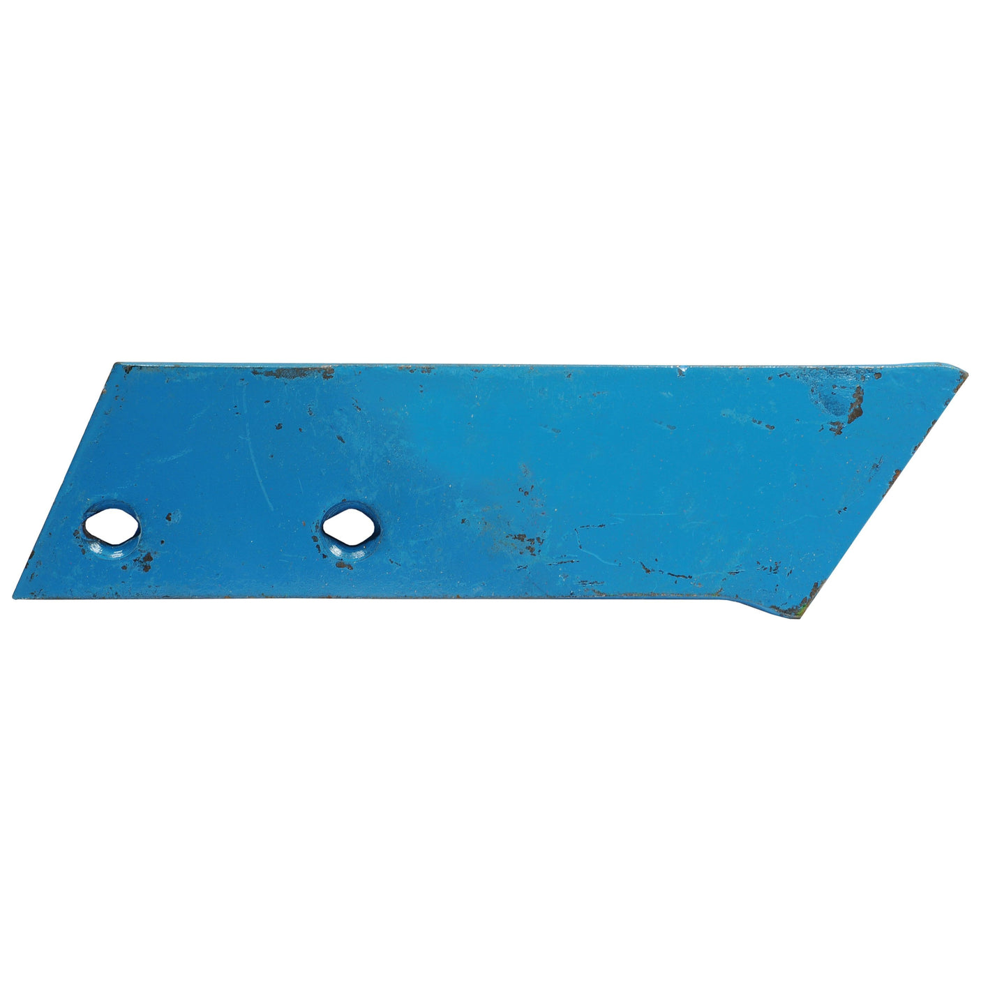 A Sparex Share Point - LHThickness (Fiskars) with product code S.127546, featuring a flat, rusted blue metal plate design with two circular holes and a pointed end, displayed on a white background, potentially used for fasteners.