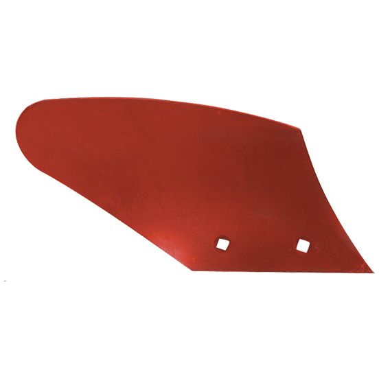 The Sparex Skim Mouldboard - RH (Kverneland), part number S.127612, features a red metal blade with two square holes near the pointed edge, making it perfect for Kverneland skimmer attachments using sturdy fasteners.