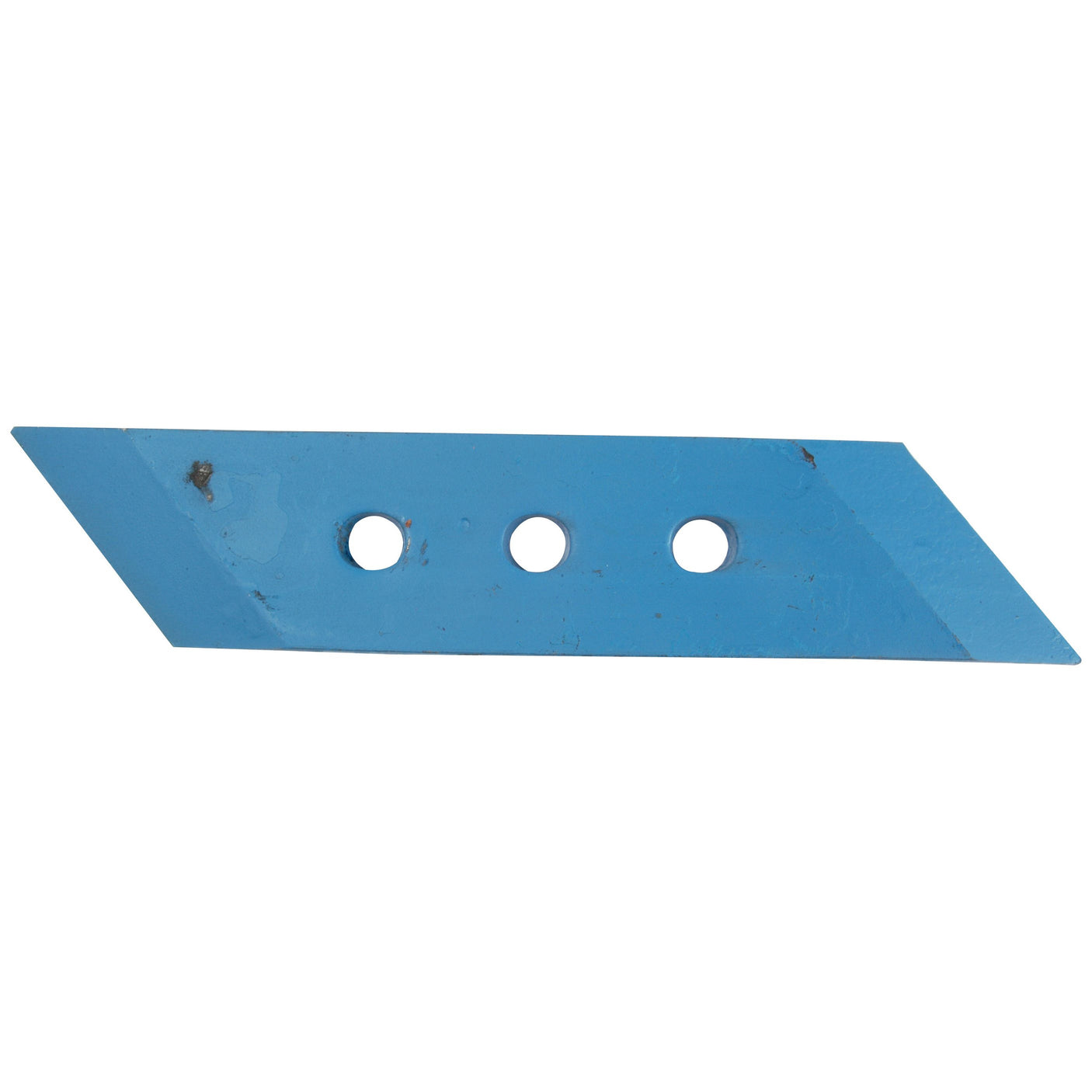 A blue metal tool with a sharp, angled edge and three circular holes, the Sparex Reversible Plough Point LH (Rabewerk), part number S.127680, is ideal for working with nuts and bolts.