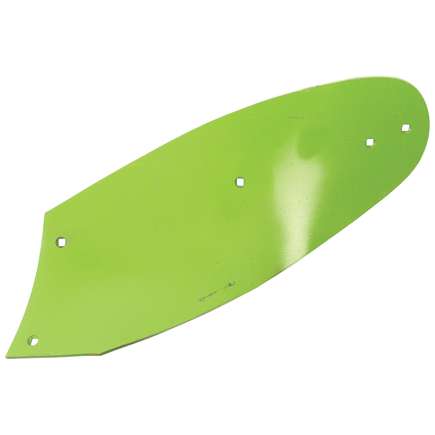 A green, leaf-shaped metal plate with five small holes, suitable for use with Dowdeswell machinery, named Mouldboard - LH (Dowdeswell) and identifiable by PASC732 or Sparex Part No. S.127712.