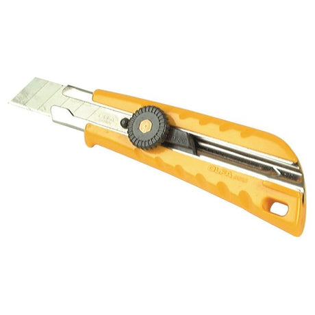 A Sparex Utility Knife - S.12780 featuring a yellow handle, adjustable blade, integral blade lock, and a black knurled wheel for precise blade extension.