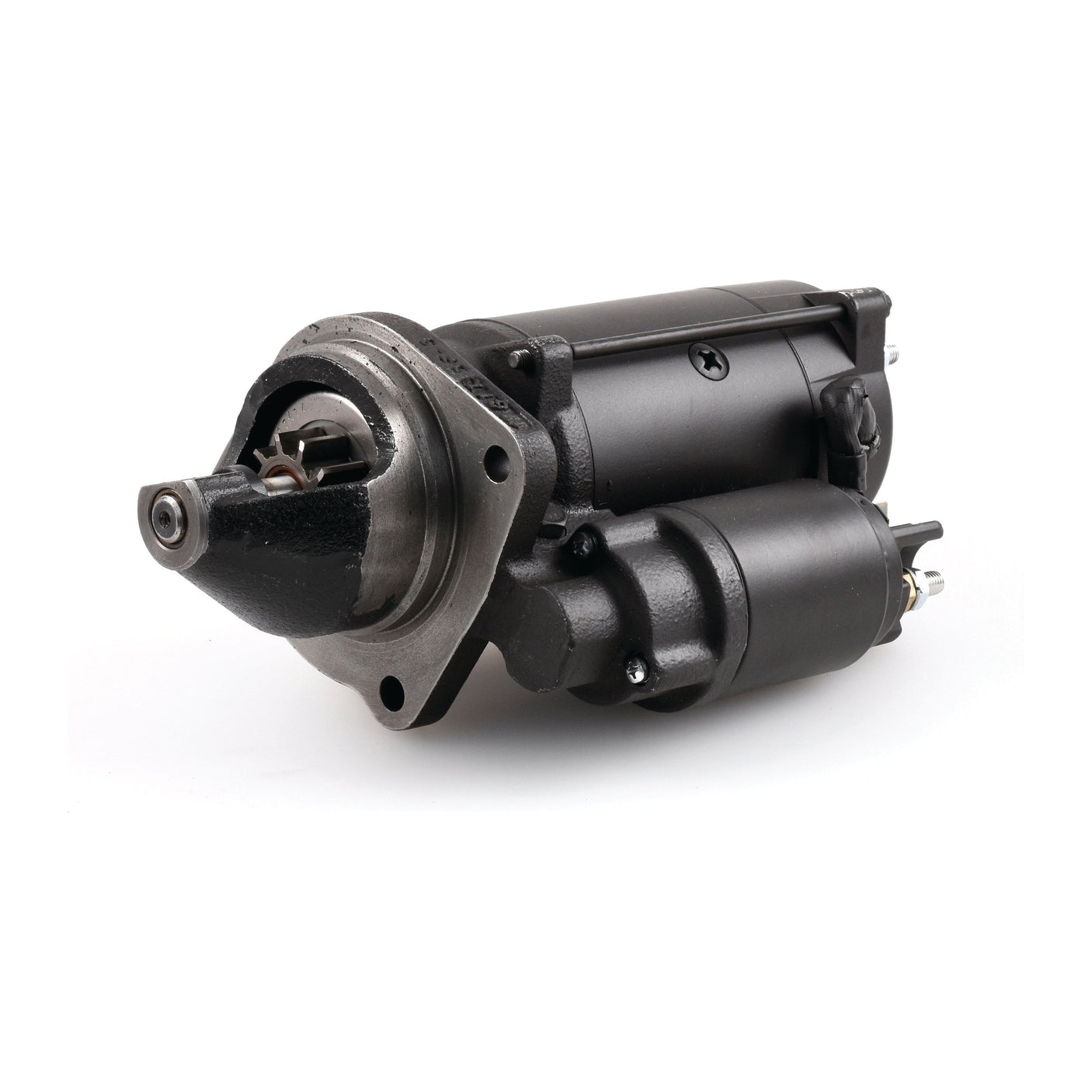 A black Starter Motor - 12V, 3.2Kw, Gear Reducted (Mahle) by Sparex (Part No. S.127864) with a cylindrical shape, multiple bolts, and a robust metal casing, isolated on a white background.