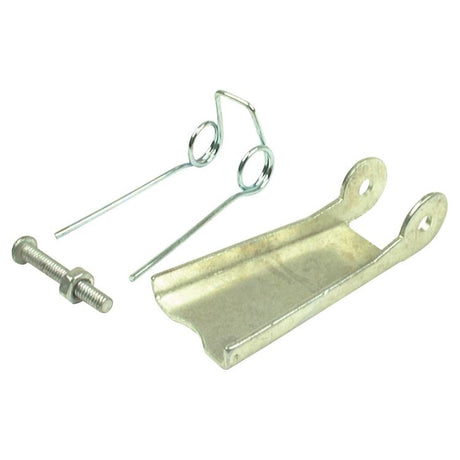 The Safety Catch for 1.5 Ton Hook (Sparex Part No.S.12822) by Sparex includes metal hinge pin, bolt, and latch assembly components, featuring a bent steel plate with two holes, a bolt with washer, and a wire spring clip with two loops and bent ends integrated with an efficient safety catch—all isolated on a white background.