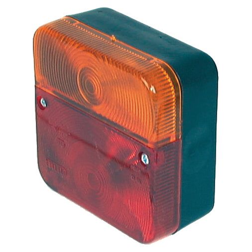 The Sparex Halogen Rear Combination Light 12V, RH & LH - S.12866 is a square vehicle tail light featuring an amber upper section and a red lower section. This halogen light has a black casing and is securely attached with two screws, ensuring reliable visibility as both a brake and tail indicator.