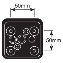 Square black surface with multiple circular indentations of varying sizes, ideal for fuss-free installations under halogen light. The Halogen Rear Combination Light 12V, RH & LH - S.12866 by Sparex measures 50mm in both width and height.