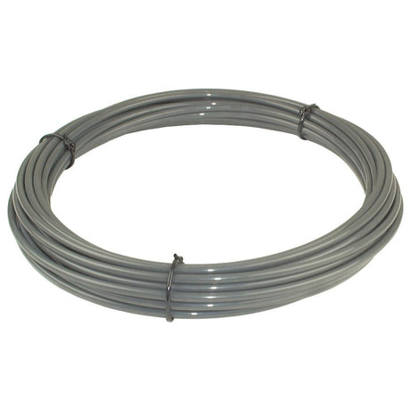 A coiled roll of Sparex gray nylon tubing, Product Name: NYLON TUBING-10MMX15M - S.12879, secured with metal clips.