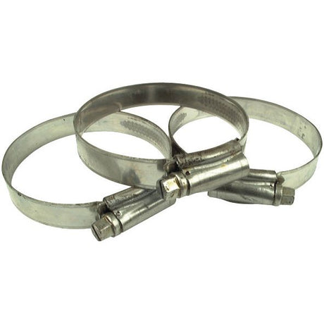 Three Sparex Stainless Steel Hose Clips (Ø8-16mm, Part No. S.12885), each featuring a screw tightening mechanism, arranged in a circular formation against a white background.