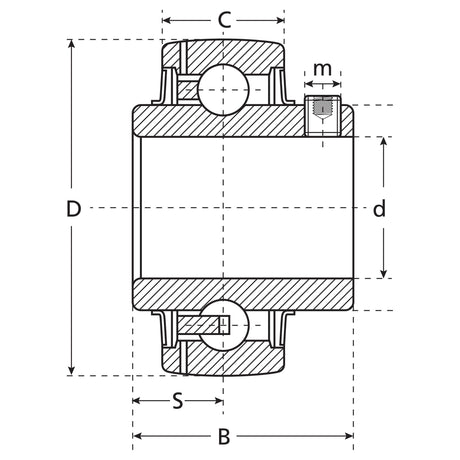 Technical drawing illustrating a cross-sectional view of the NTN SNR Plummer Block Bearing Insert (UC206) - S.129687, detailing dimensions labeled C, D, d, S, B, and m. Suitable for manufacture information purposes provided by Sparex.