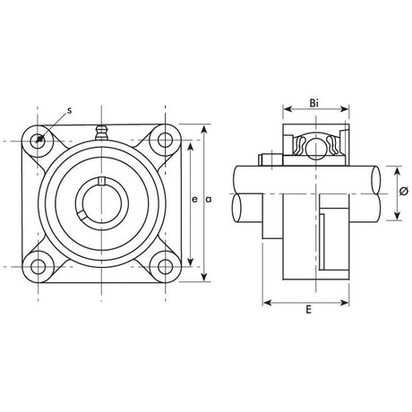 Technical drawing of the NTN SNR Four-Bolt Flanged Unit (UCF206-18) Sparex Part No.S.129735, showcasing front and side views, labeled dimensions in Imperial units, and detailed sections to ensure precise understanding and measurement.