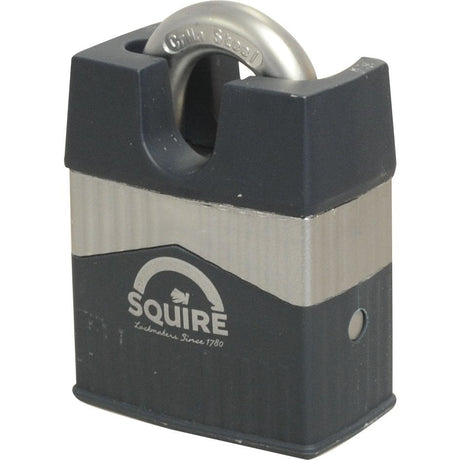 A close-up image of a Sparex Squire 55CS Warrior Padlock with a 55mm steel body and a hardened steel shackle. The "Squire" brand name is visible on the front, providing manufacturer information and ensuring it's suitable for securing various items, indicated by its security rating of 8.