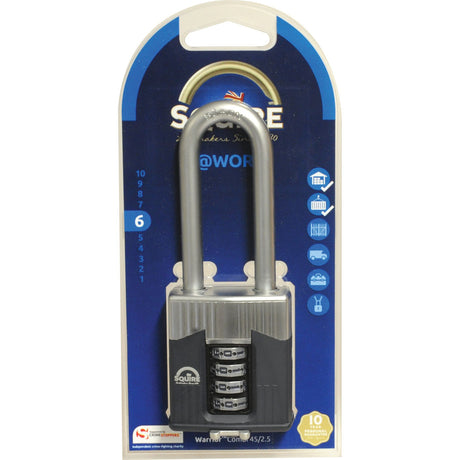 The packaging of the Sparex Squire 45/2.5 COMBI Warrior Combination Padlock, featuring 4 resettable dials and a long shackle, includes detailed information about its use and manufacture. Designed for various security needs with a body width of 45mm and a security rating of 6, this padlock offers both reliability and ease of use.