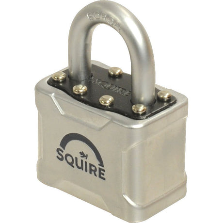 The Squire P4 40 Vulcan Padlock by Sparex features a silver rectangular body with a 44mm width and a shackle secured by six bolts. The brand name is printed on the front. It offers a security rating of 5 and is ideal for securing gates, sheds, and storage units.