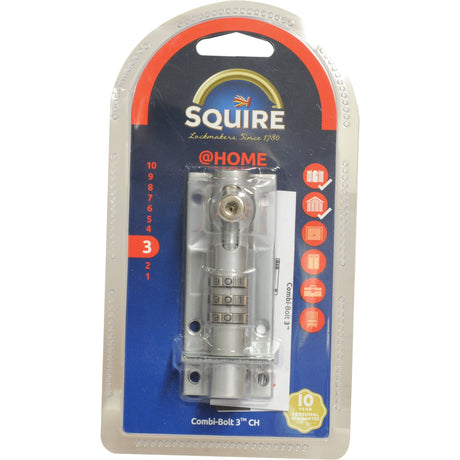 A packaged Squire Combi-Bolt 3" lock with a combination mechanism, presented in a plastic and cardboard container under the Sparex brand. Suitable for securing various applications, this product includes detailed specifications.