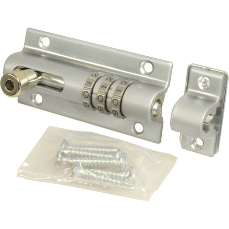 The Squire Combi-Bolt 3 in a sleek silver finish, rated with a security level of 3, from the brand Sparex (S.129910), is displayed alongside its mounting bracket and a small plastic bag containing screws. Versatile for various applications, this product comes with detailed specifications to guarantee seamless installation.